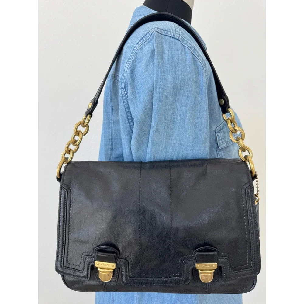 Coach Poppy Pushlock Flap Shoulder Leather Purse Handbag Black‎ Brass 17925